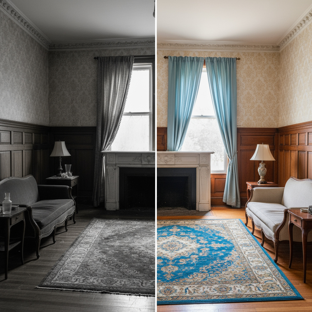 Vorher-Nachher Wohnzimmer – historischer Bestand restauriert