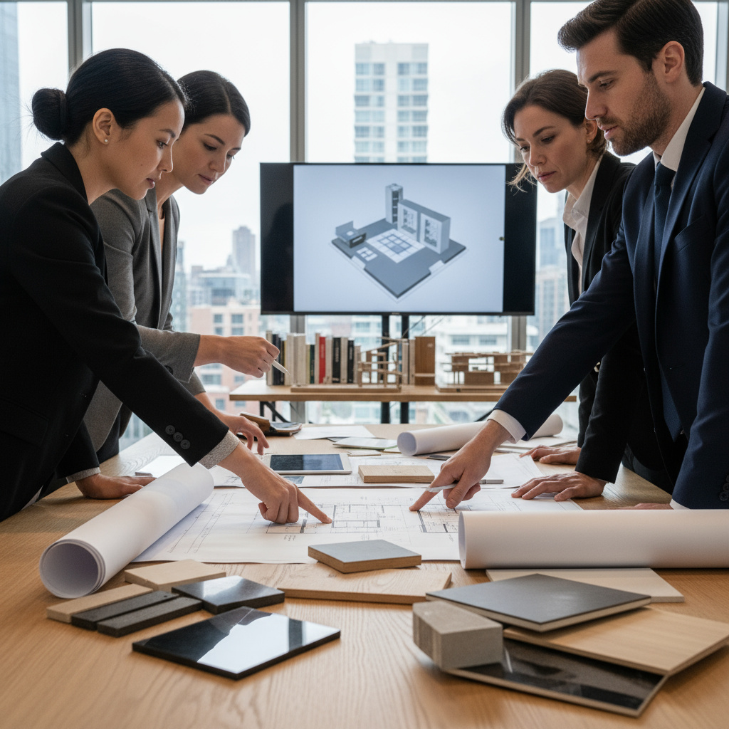 Planungsmeeting mit Grundrissen und Materialmustern